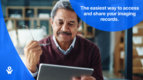 an image of a man using his table to access Pocket Health online with a quote that says “the easiest way to access and share your imaging records”